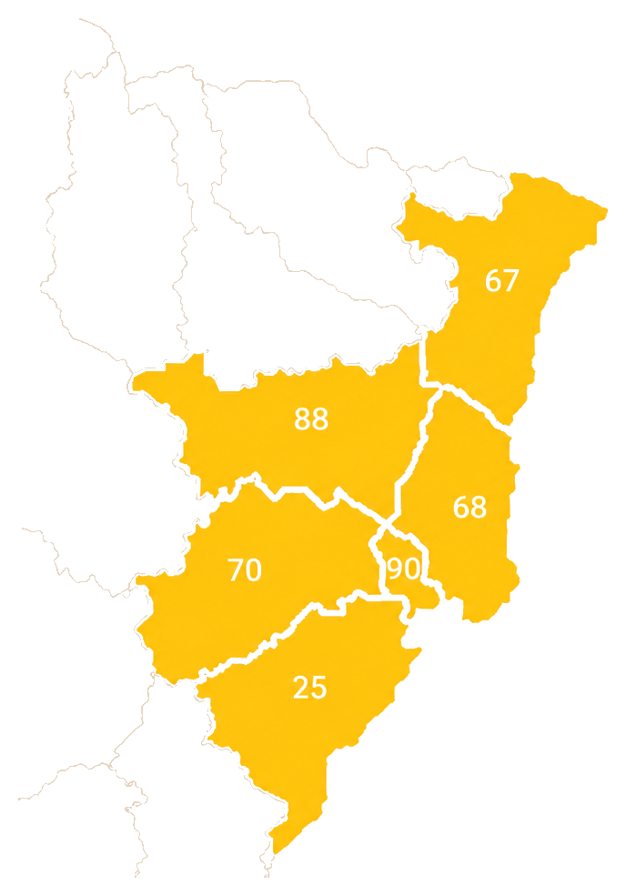 Carte des départements couverts : 25, 67, 68, 70, 88 et 90