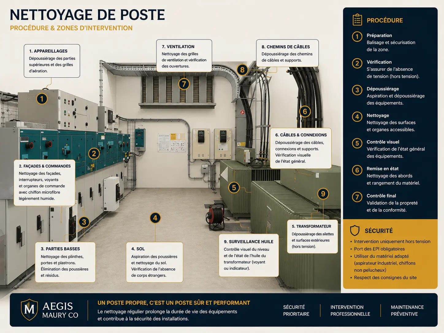 Fiche illustrée de nettoyage de poste HTA BT avec surveillance de l’huile du transformateur